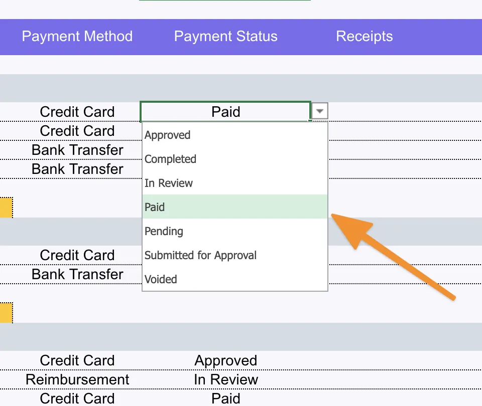 Contoh status pembayaran pada daftar drop-down Excel