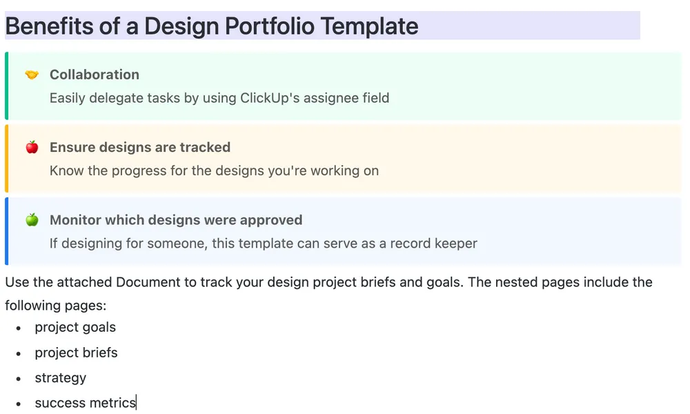 Modelo de tarefa do portfólio de design do ClickUp