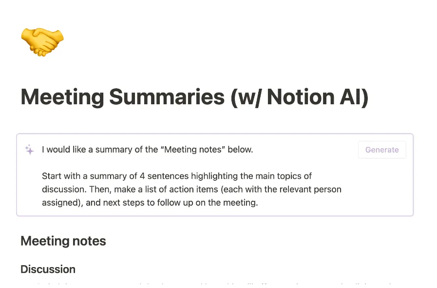 Mẫu tóm tắt cuộc họp Notion AI