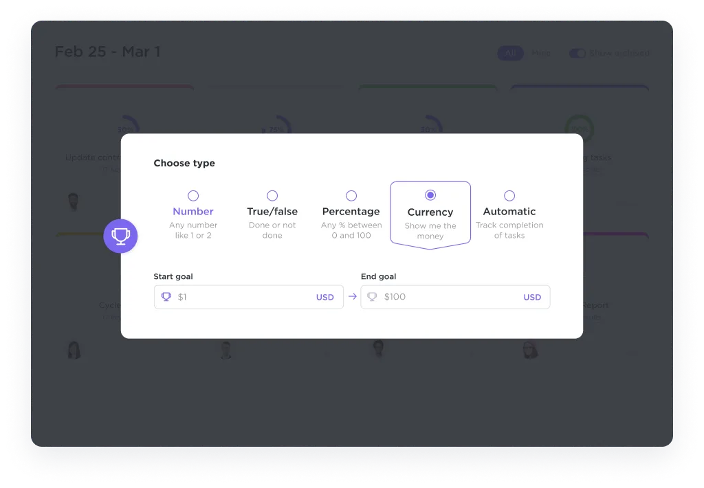 Explore varias opciones de metas en ClickUp Metas para prepararse para la auditoría de cumplimiento normativo de TI.