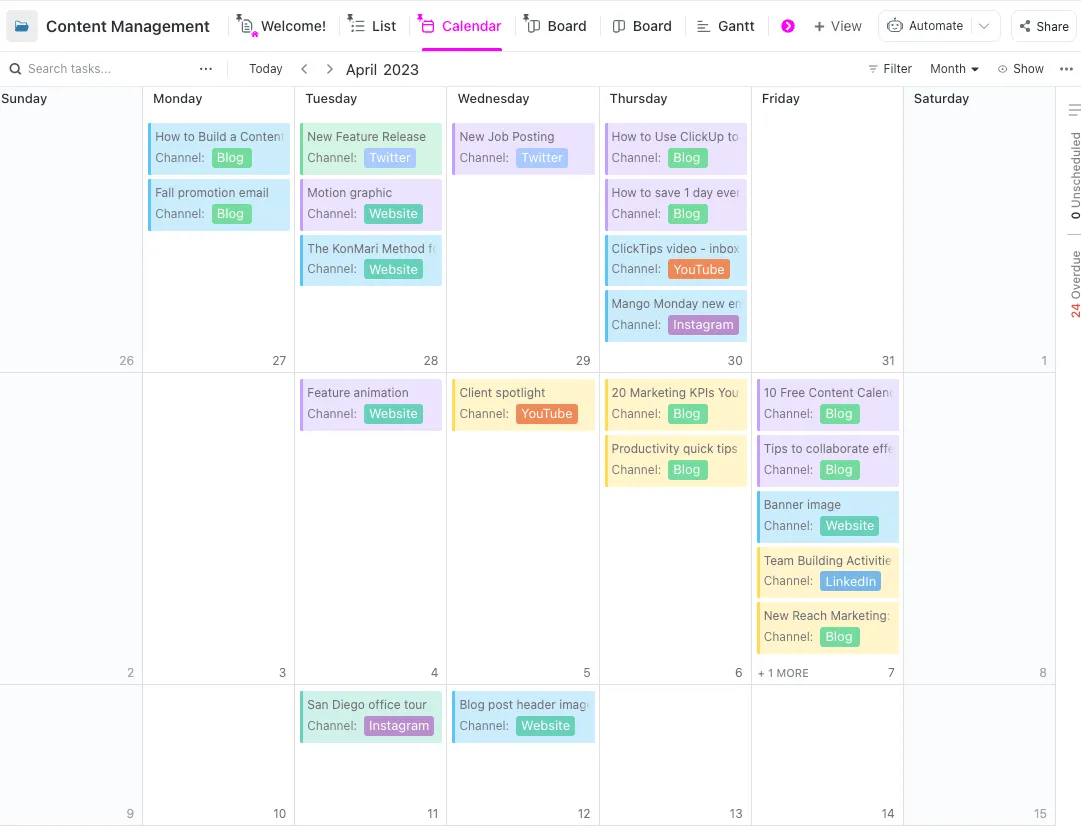 La plantilla de gestión de contenidos de ClickUp le permite gestionar fácilmente el contenido entre varios equipos, proyectos y tareas.