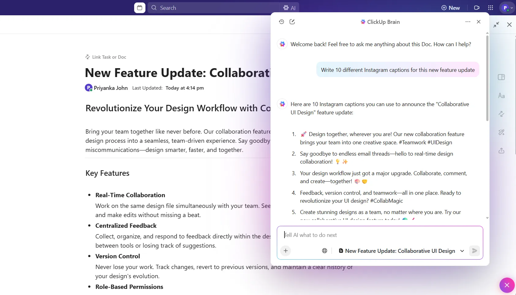 Wissensmanager ClickUp Brain für konsistente Kommunikation