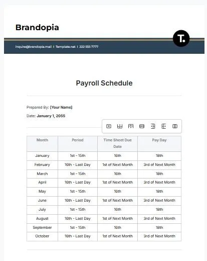 Egyszerű havi bérszámfejtési ütemterv sablon a Template.Net-től