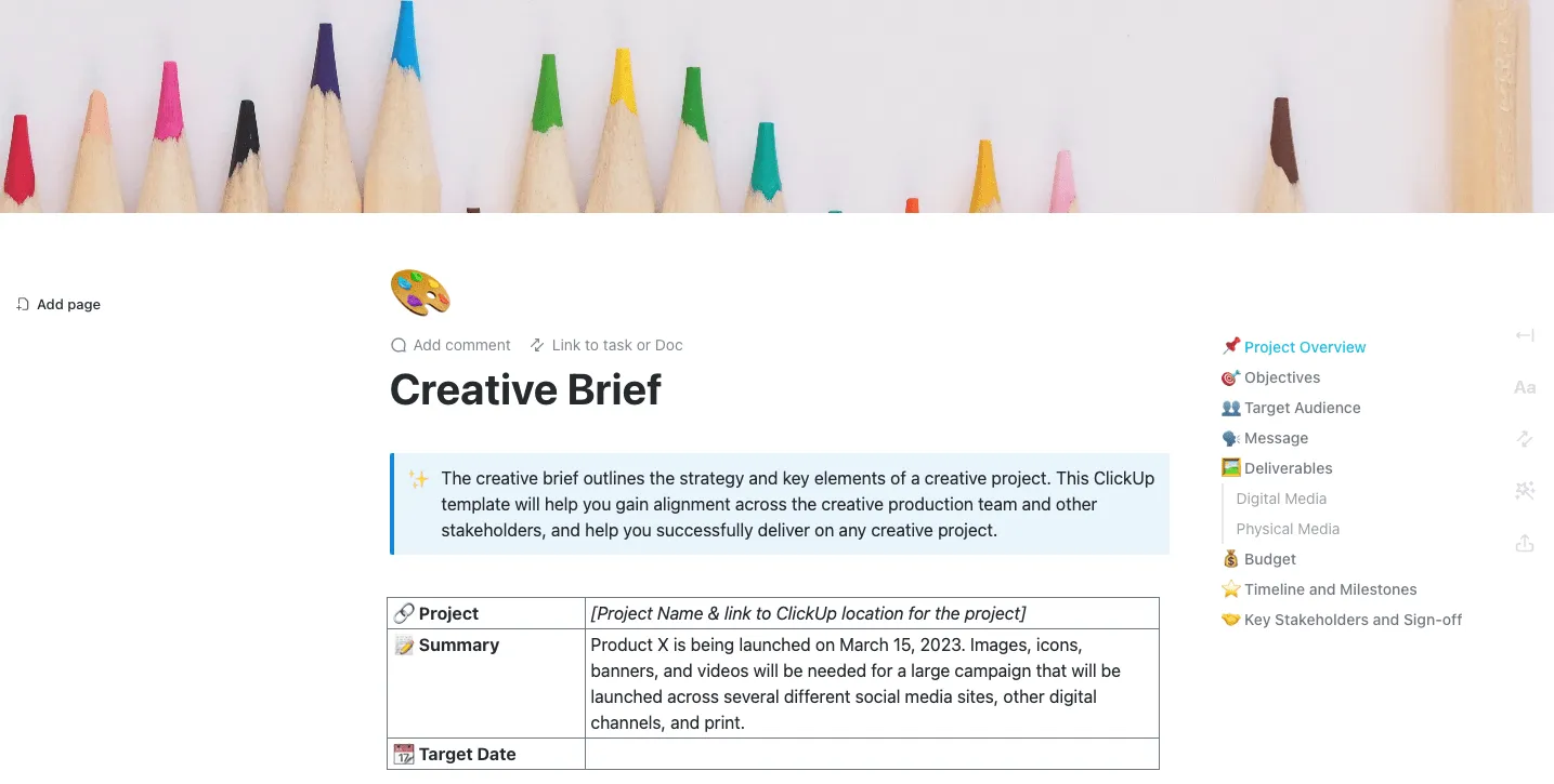 Vorlage für Kreativ-Briefings von ClickUp