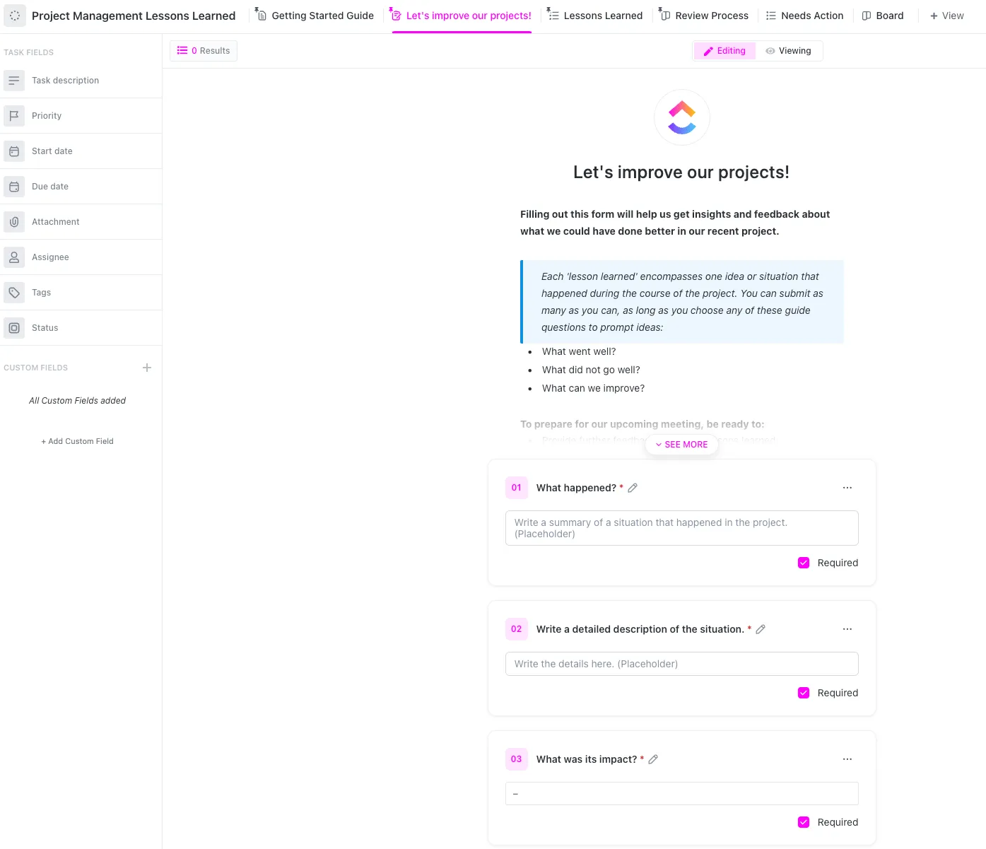 Mẫu bài học kinh nghiệm quản lý dự án ClickUp - Chế độ xem biểu mẫu phản hồi