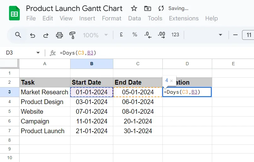Durée du calcul : diagramme de Gantt Google Sheets