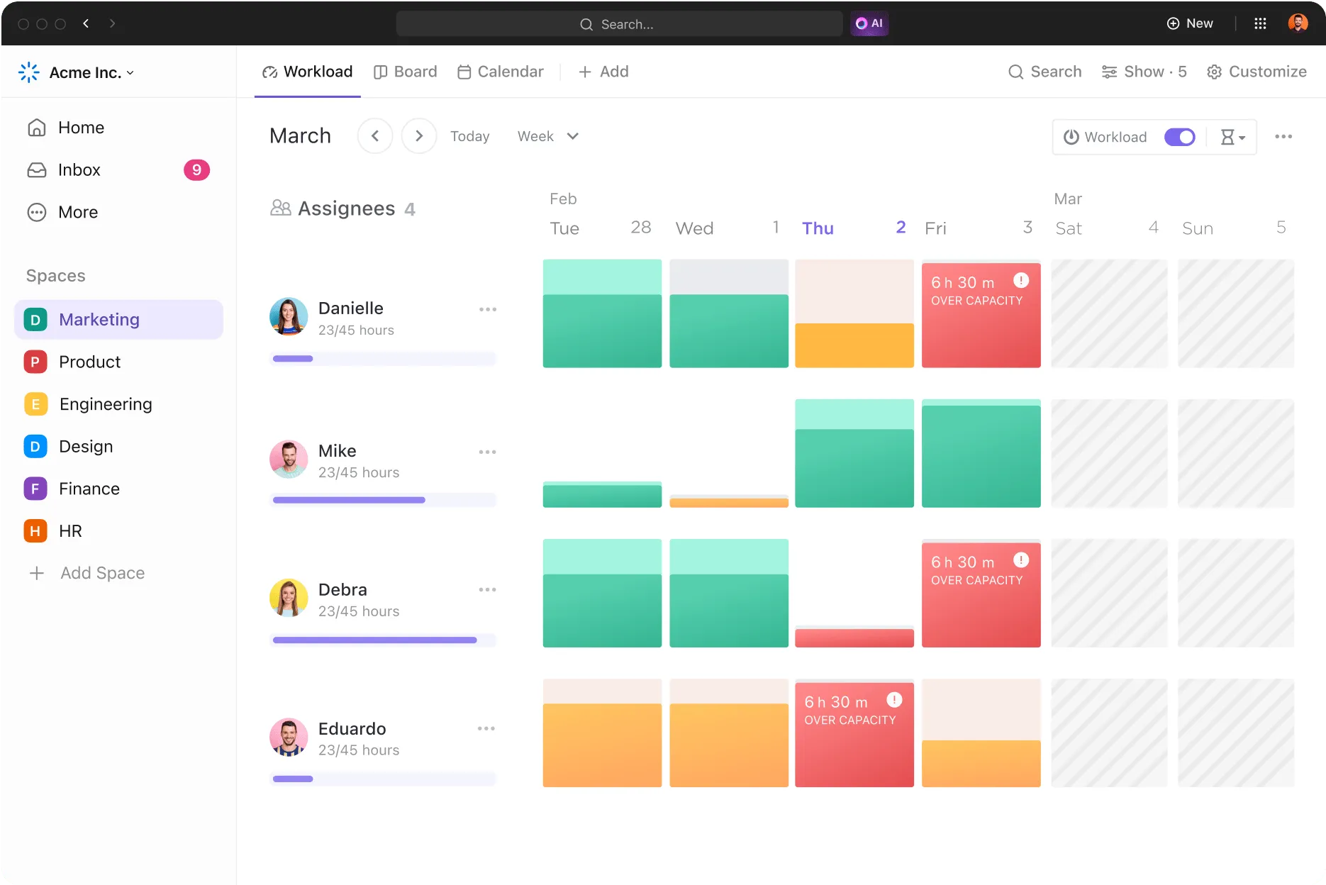 Visualização simplificada da carga de trabalho no ClickUp 3.0