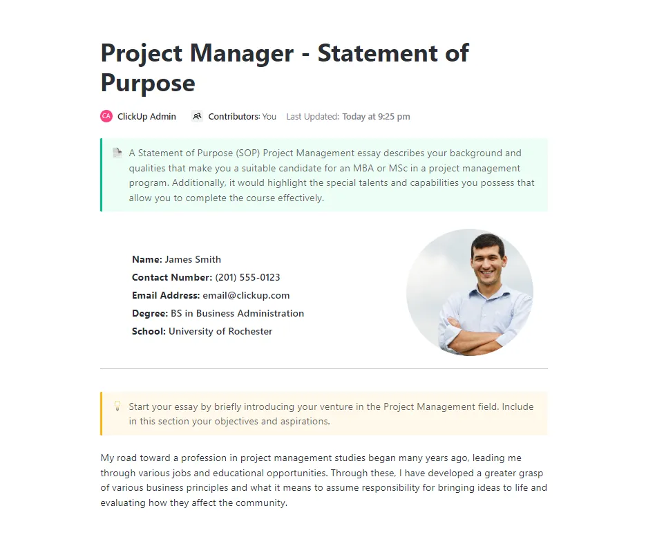 ClickUp Project Manager – Célkitűzés sablon