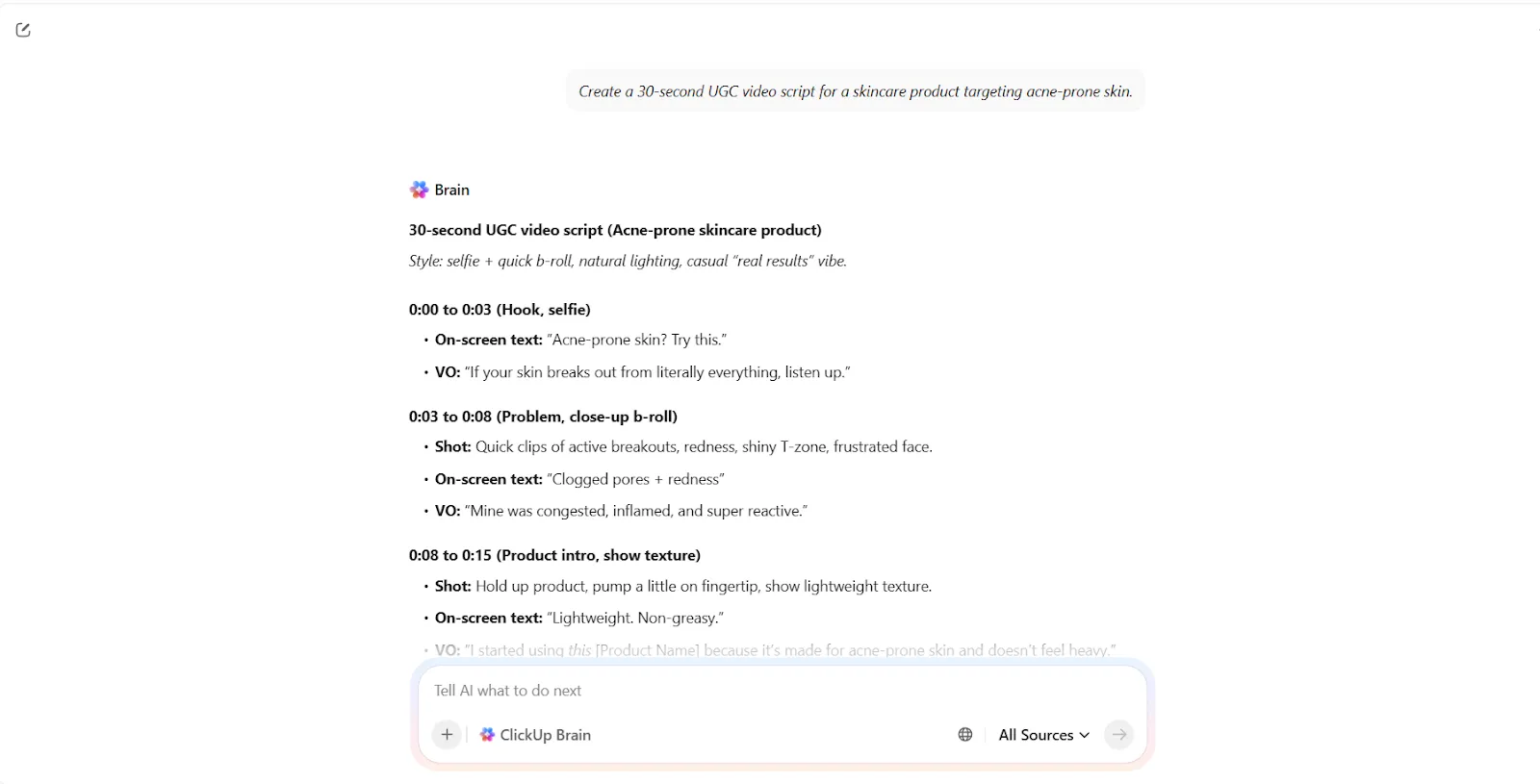 قم بإنشاء نصوص وخطط محتوى باستخدام ClickUp Brain
