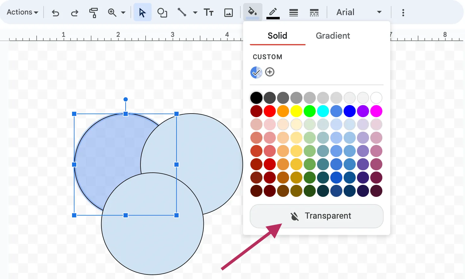 เลือกตัวเลือก "โปร่งใส" หากคุณไม่ต้องการเพิ่มสีใด ๆ ให้กับรูปร่างใน Google Docs