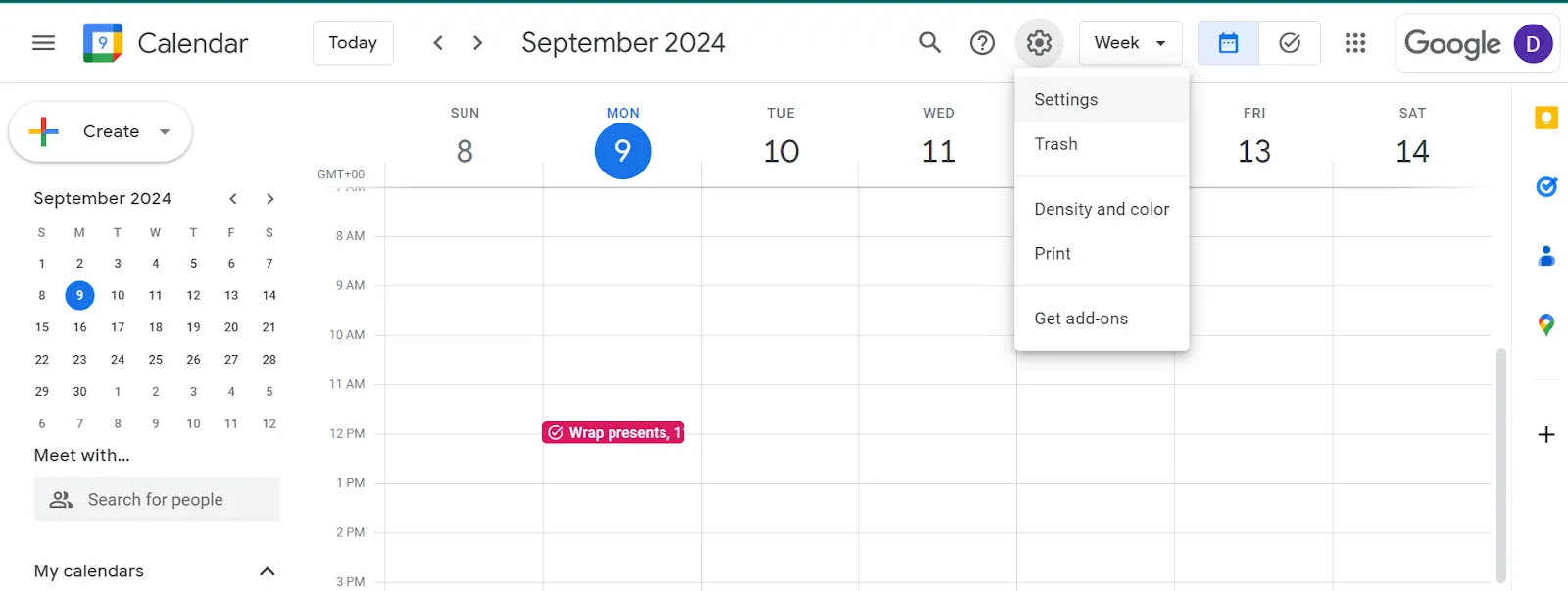 Menú de ajustes en Calendario
