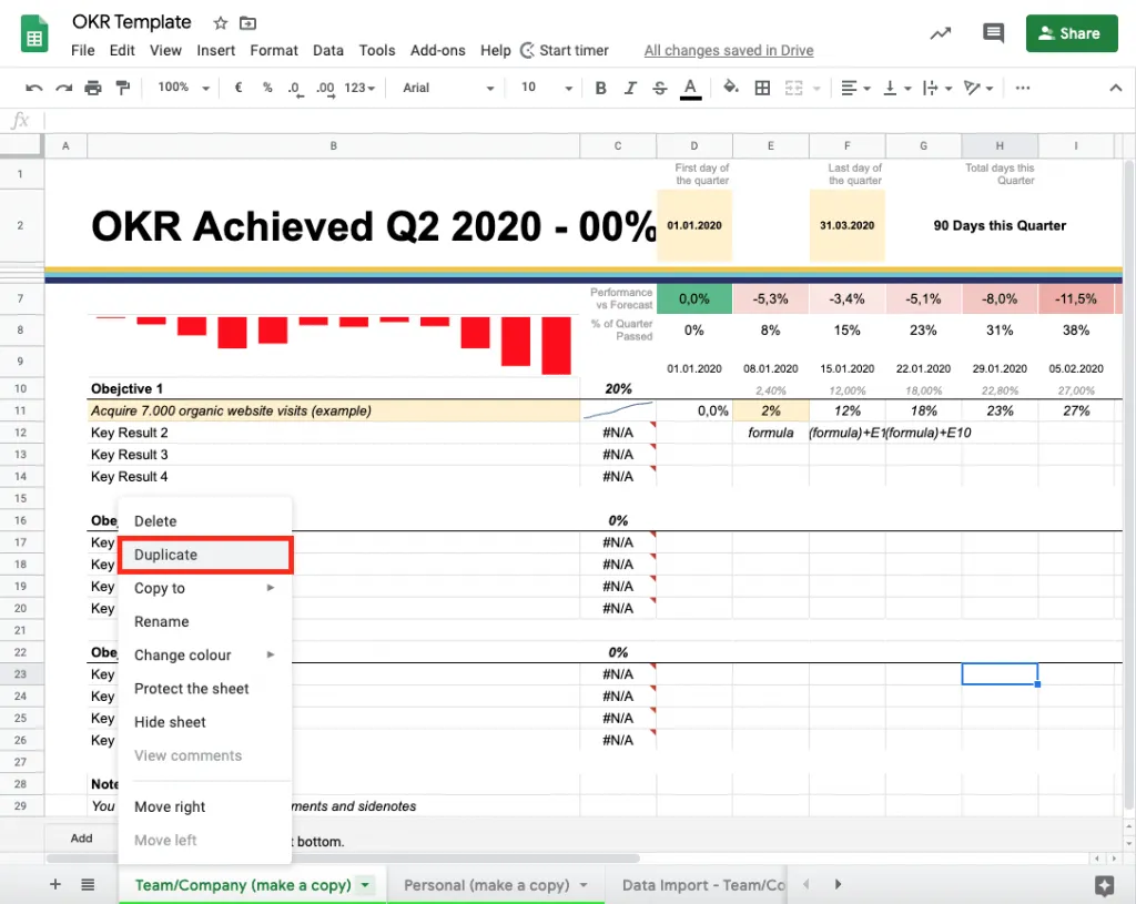 Шаблон OKR за Google Sheets от Supermetrics