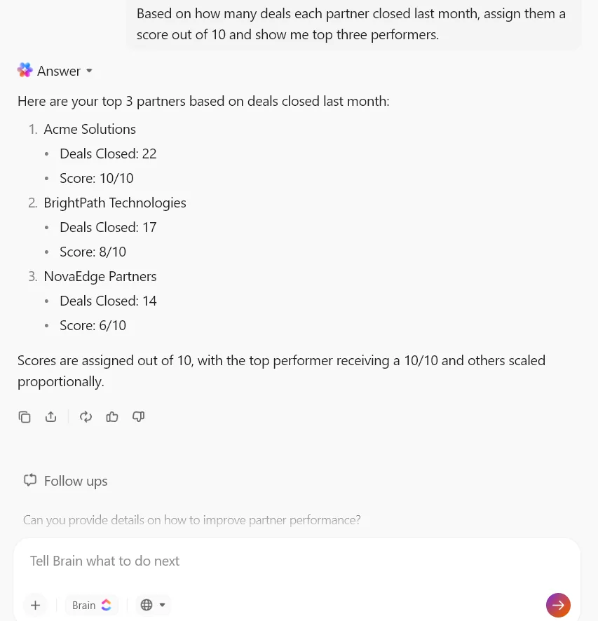 ClickUp Brain을 활용해 파트너의 최근 또는 실시간 성과를 기반으로 점수를 매기세요