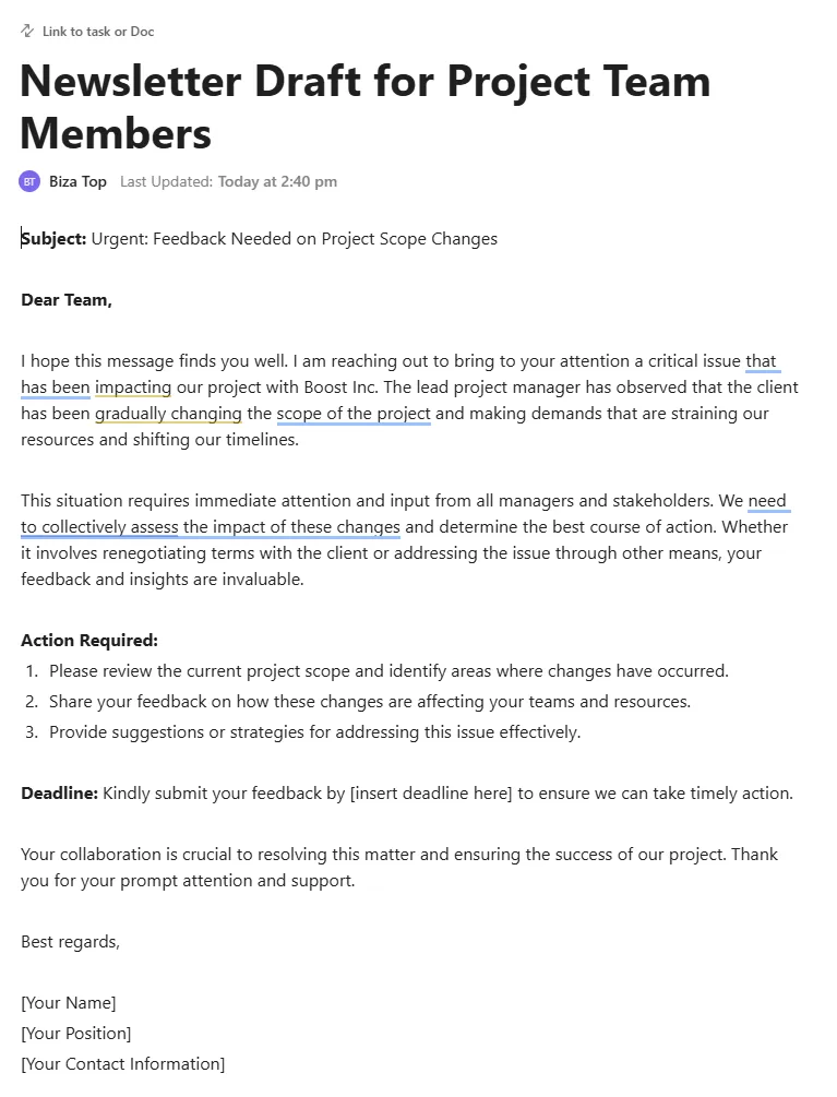 Software per newsletter interne: redigi newsletter di grande impatto in pochi secondi con un semplice prompt utilizzando ClickUp Brain.