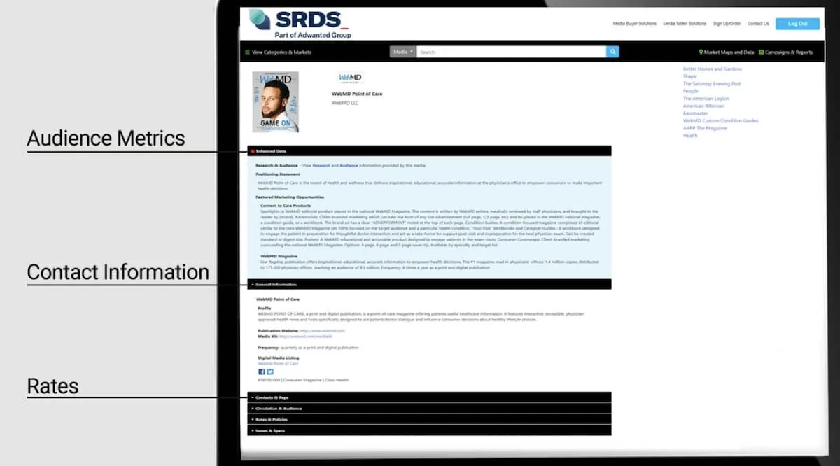 Strumenti di pianificazione media: esempio di metriche e dettagli di SRDS