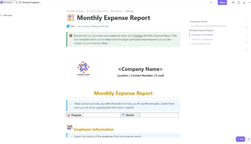 ClickUp Monthly Expense Report Template