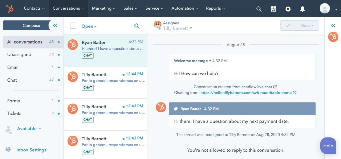 HubSpot Service Hub's Unterhaltungen