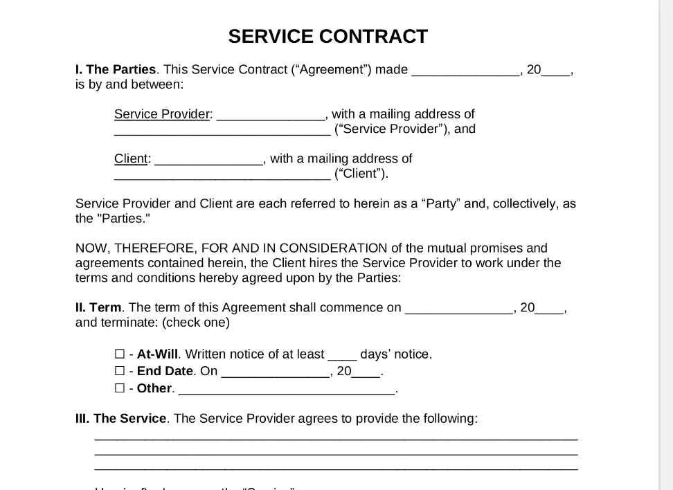 Modelo de contrato de prestação de serviços do Microsoft Word pela eForms