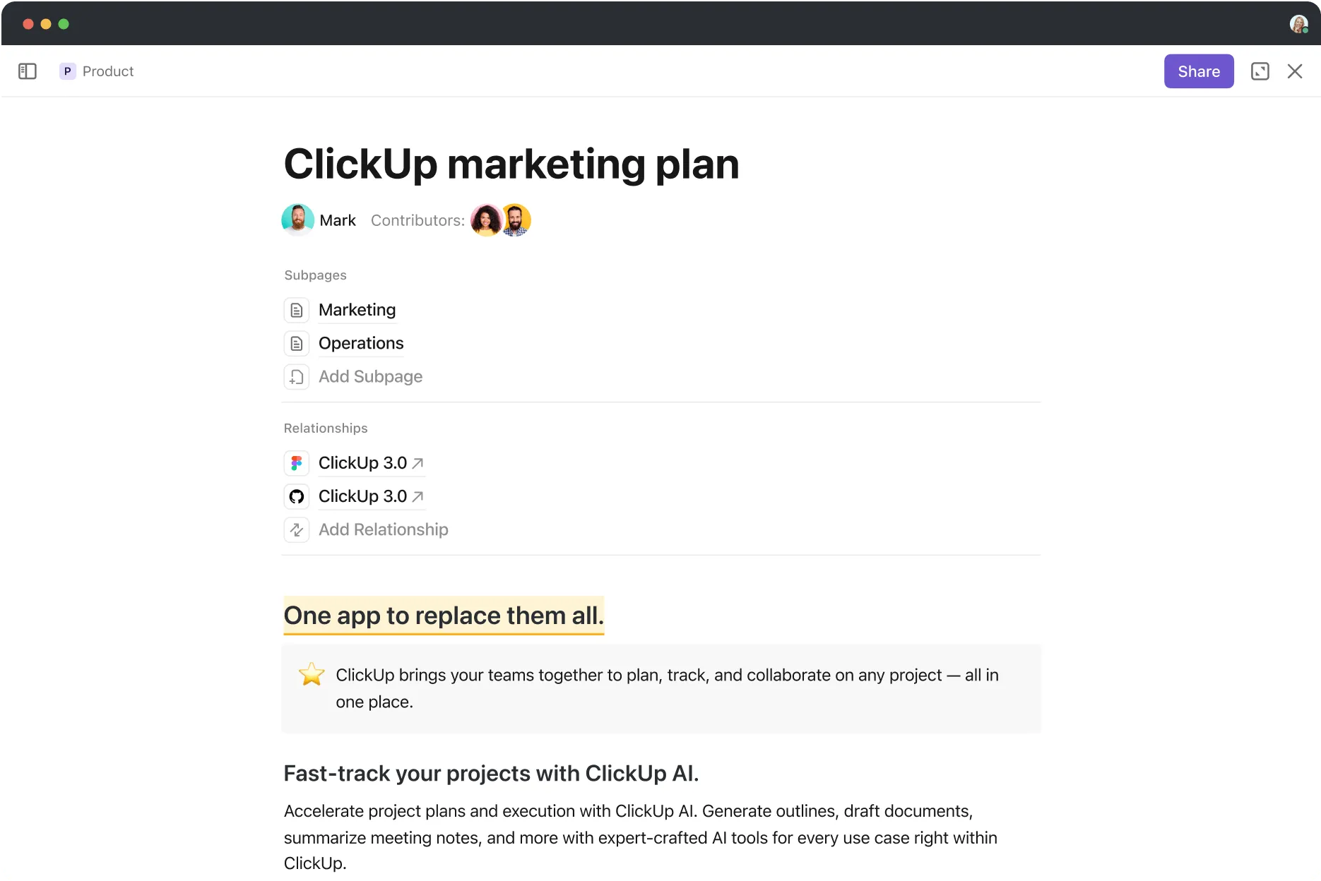 Subpáginas simplificadas da documentação do ClickUp 3.0