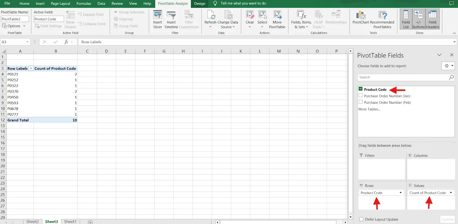 วิธีค้นหาข้อมูลซ้ำใน Excel - เพิ่มฟิลด์ลงในแถวและค่า