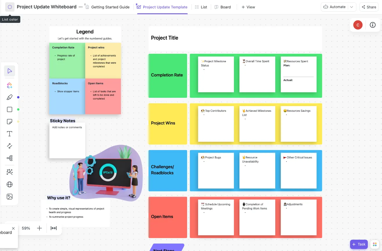 ClickUp-Vorlage für Projekt-Update-Whiteboards: Projekt-Update-Whiteboard mit großzügigem Free-Plan und weiteren Integrationen – das endgültige Urteil