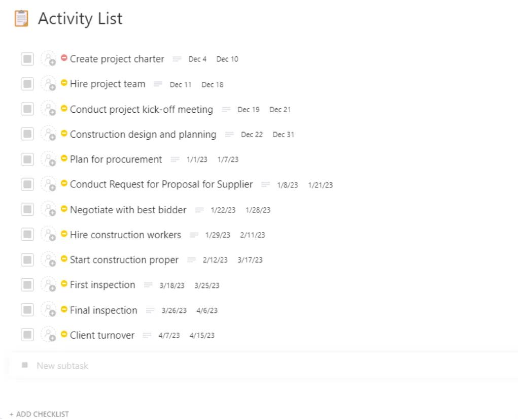 Modèle de liste d'activités ClickUp