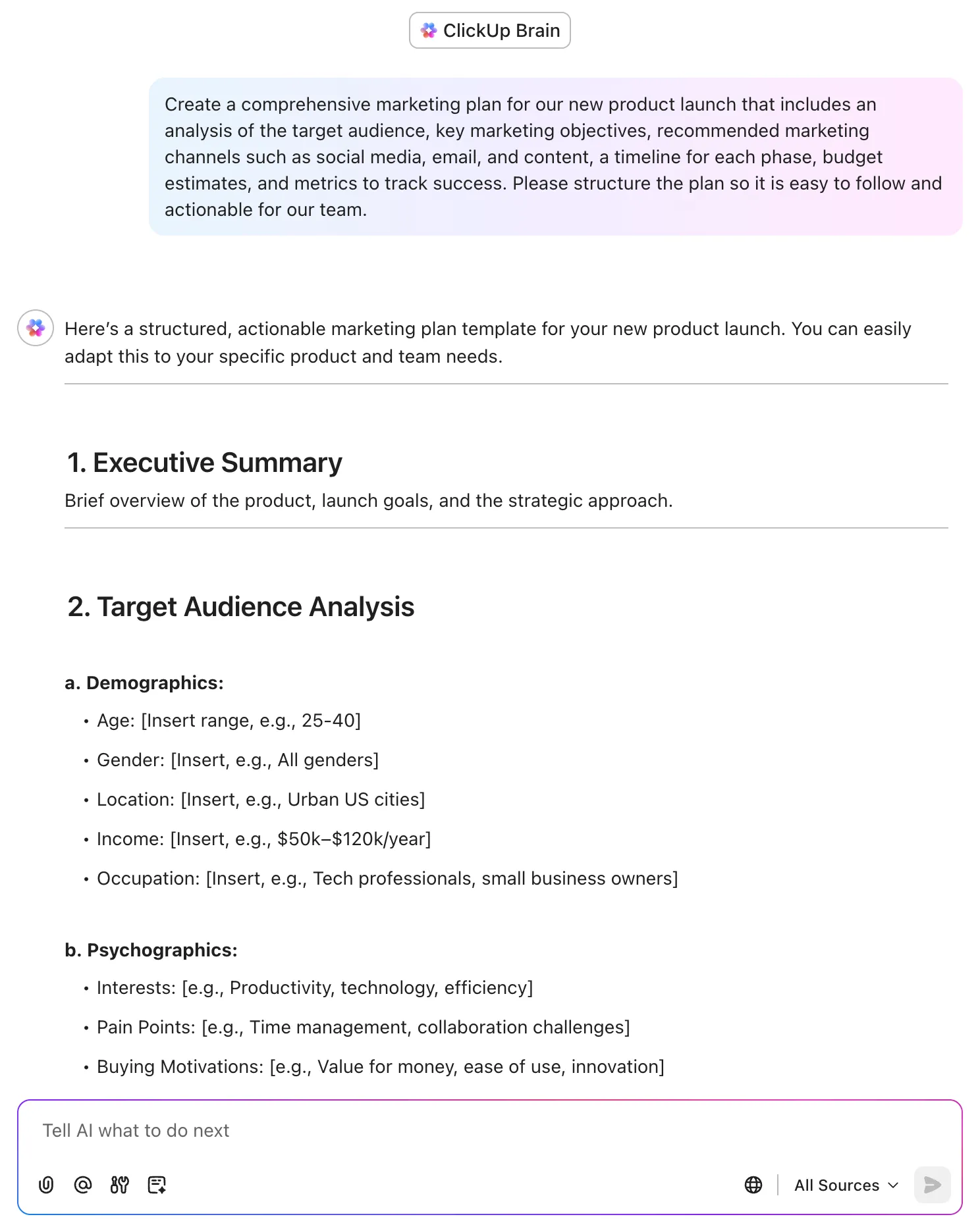 Utilice ClickUp Brain como generador de planes de marketing para crear un plan de marketing en cuestión de segundos.
