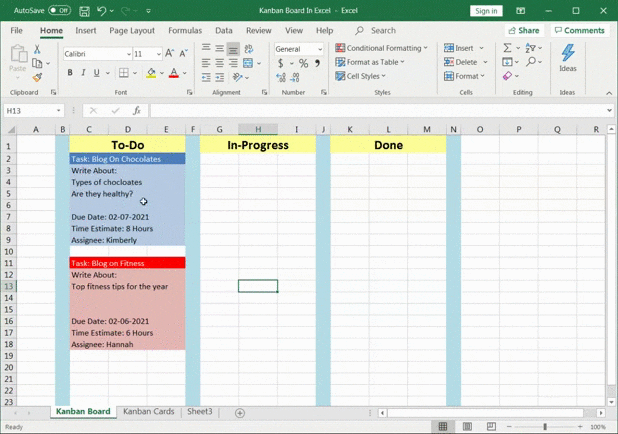 spostare le schede Kanban in Excel