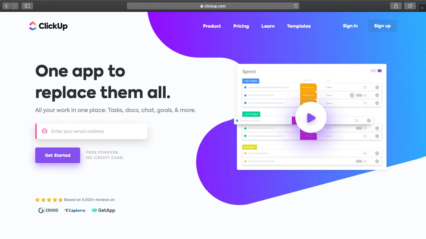 Page d'accueil ClickUp