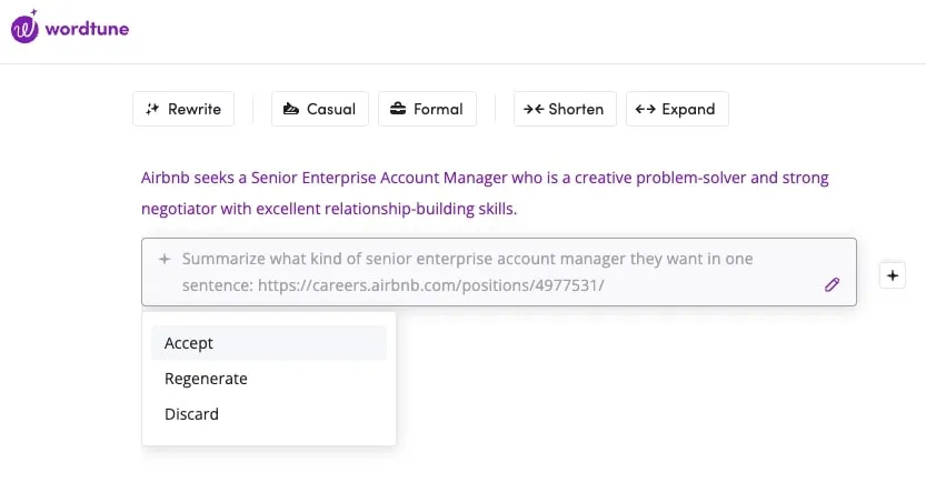 Strumenti di copywriting basati sull'IA: esempio di una frase scritta da Wordtune