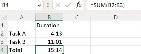 Exemplo de soma de tempos que totalizam menos de 24 horas