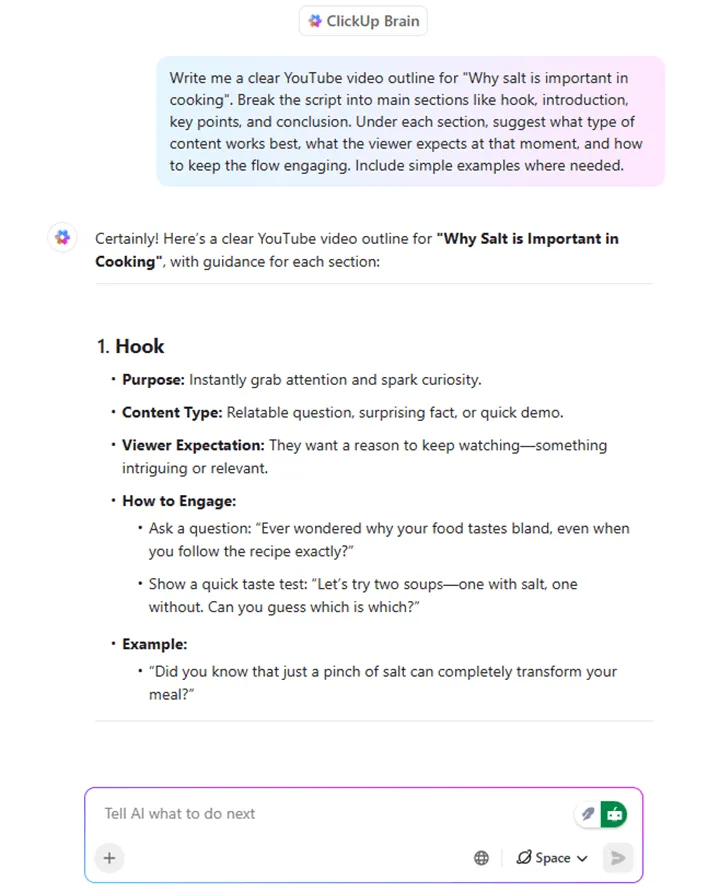 Transforme uma tarefa ou nota em um roteiro pronto para edição diretamente dentro do seu fluxo de trabalho usando o ClickUp Brain