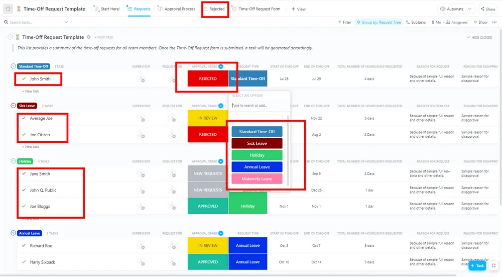 Modelo de solicitação de folga da ClickUp
