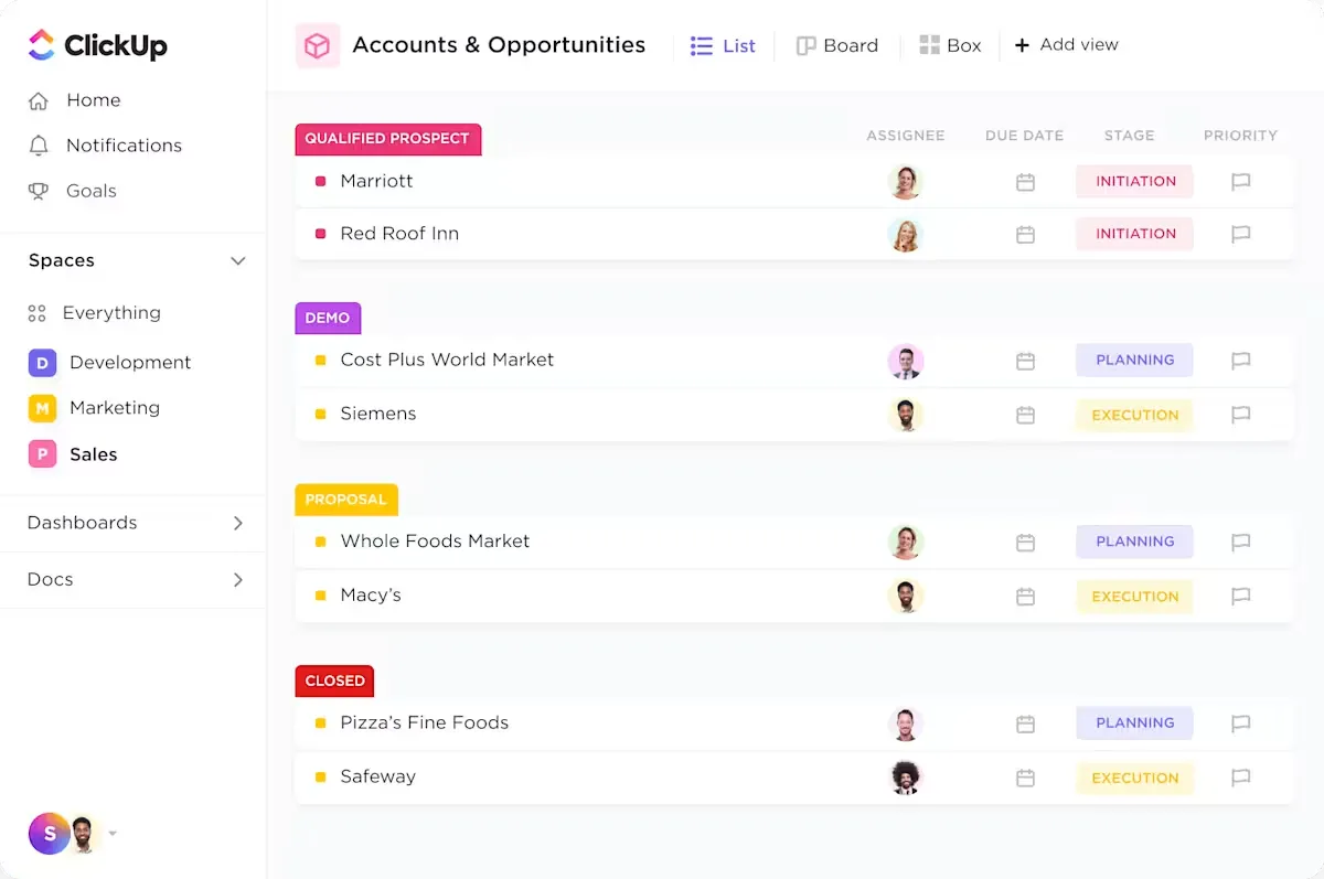 Crie um CRM totalmente personalizável no ClickUp para melhorar o acompanhamento dos serviços.