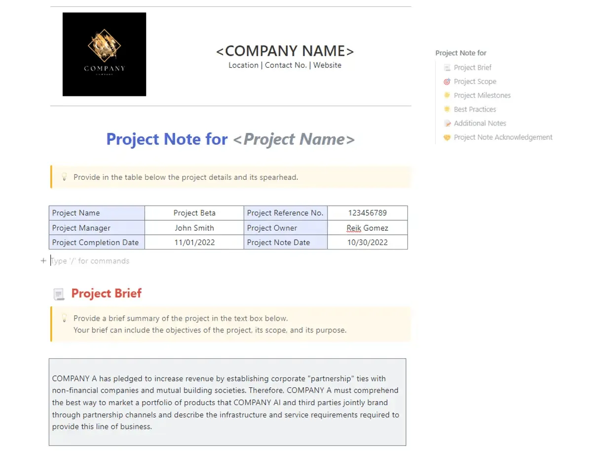 Il modello di note di progetto di ClickUp è progettato per aiutarti a catturare e organizzare le idee per un progetto.