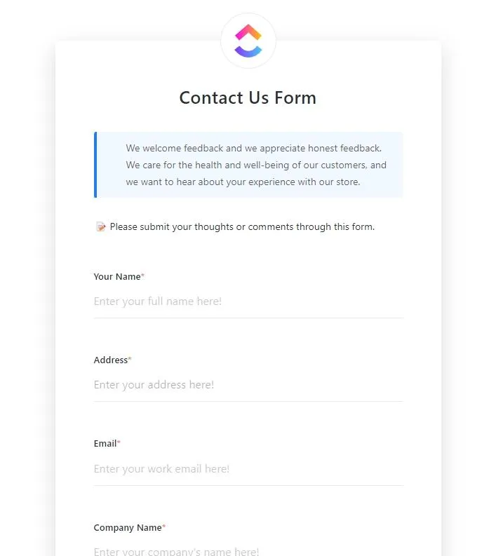 Template Formulir Kontak ClickUp