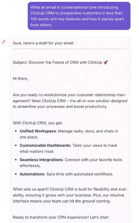การใช้ ClickUp Brain เพื่อสร้างอีเมลสำหรับลูกค้า