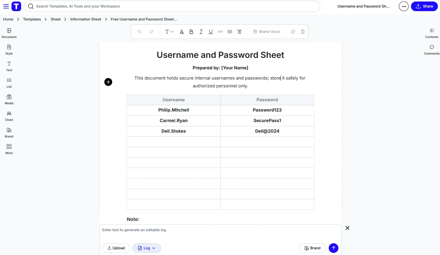 Foglio per nome utente e password del modello di Template.net
