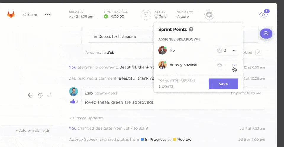 Définissez des points de sprint dans les tâches ClickUp pour calculer la complexité du backlog : Gestion de projet Scrum