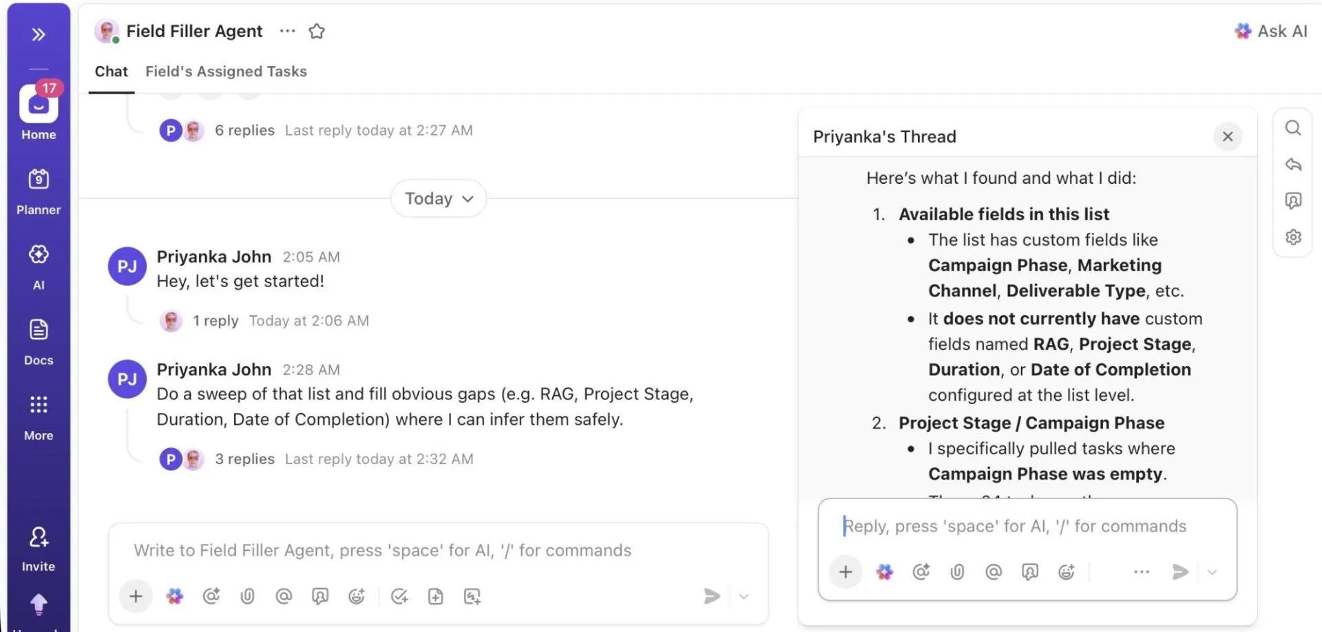 Field Filler Agent: bot del flusso di lavoro che aggiorna automaticamente i campi per ridurre il lavoro manuale nelle singole attività
