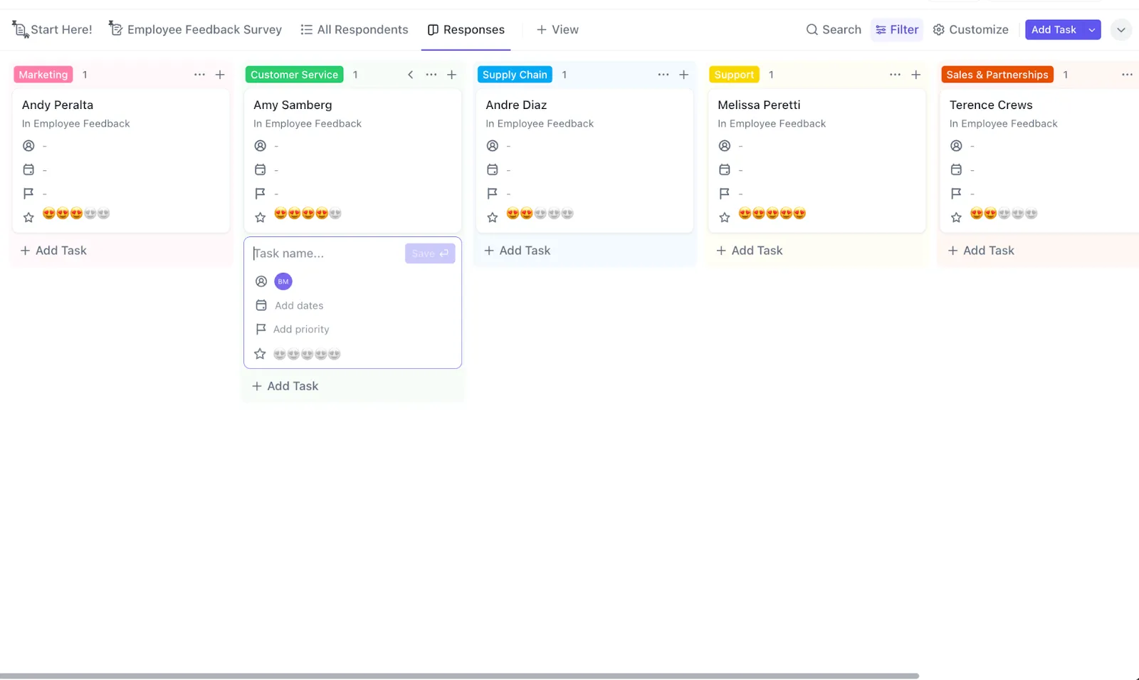 Verbessern Sie das Engagement Ihrer Mitarbeiter und reduzieren Sie die Fluktuation, indem Sie die Herausforderungen und das Feedback Ihrer Mitarbeiter mit der Mitarbeiter-Feedback-Vorlage von ClickUp segmentieren.