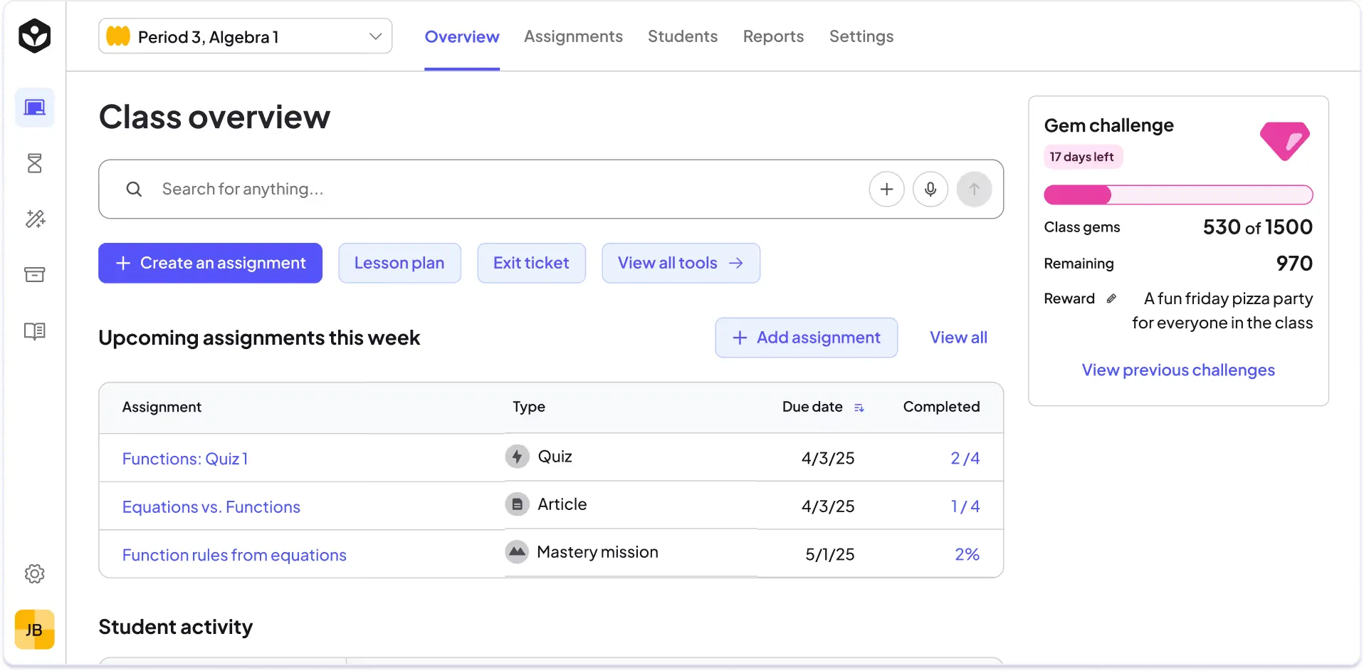 Panoramica del corso di Algebra 1 della Khan Academy con strumenti per la pianificazione delle lezioni e i test di verifica, i compiti in programma e lo stato di avanzamento del corso