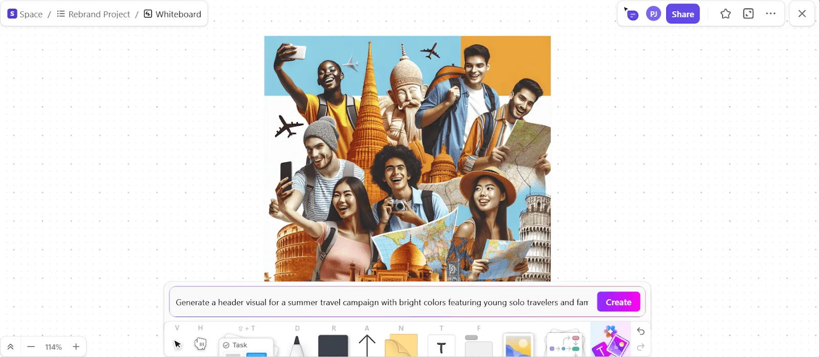 ClickUp Brain: قم بإنشاء عناصر مرئية داعمة للوحة الرؤية الخاصة بك باستخدام الذكاء الاصطناعي داخل ClickUp Whiteboards