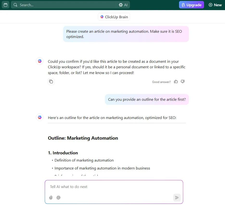 Usa ClickUp Brain per creare contenuti SEO: come aumentare la produttività a casa con l'IA.