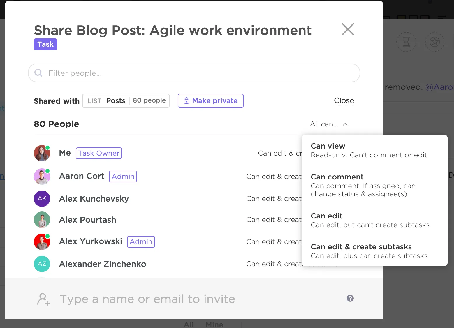 chia sẻ bài đăng blog agile với nhiều thành viên trong clickup