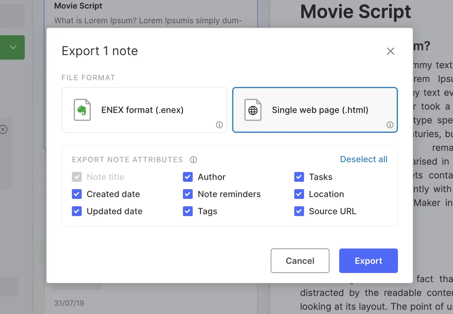 evernote'tan dışa aktarma: Evernote'ta dosya biçimi seçme