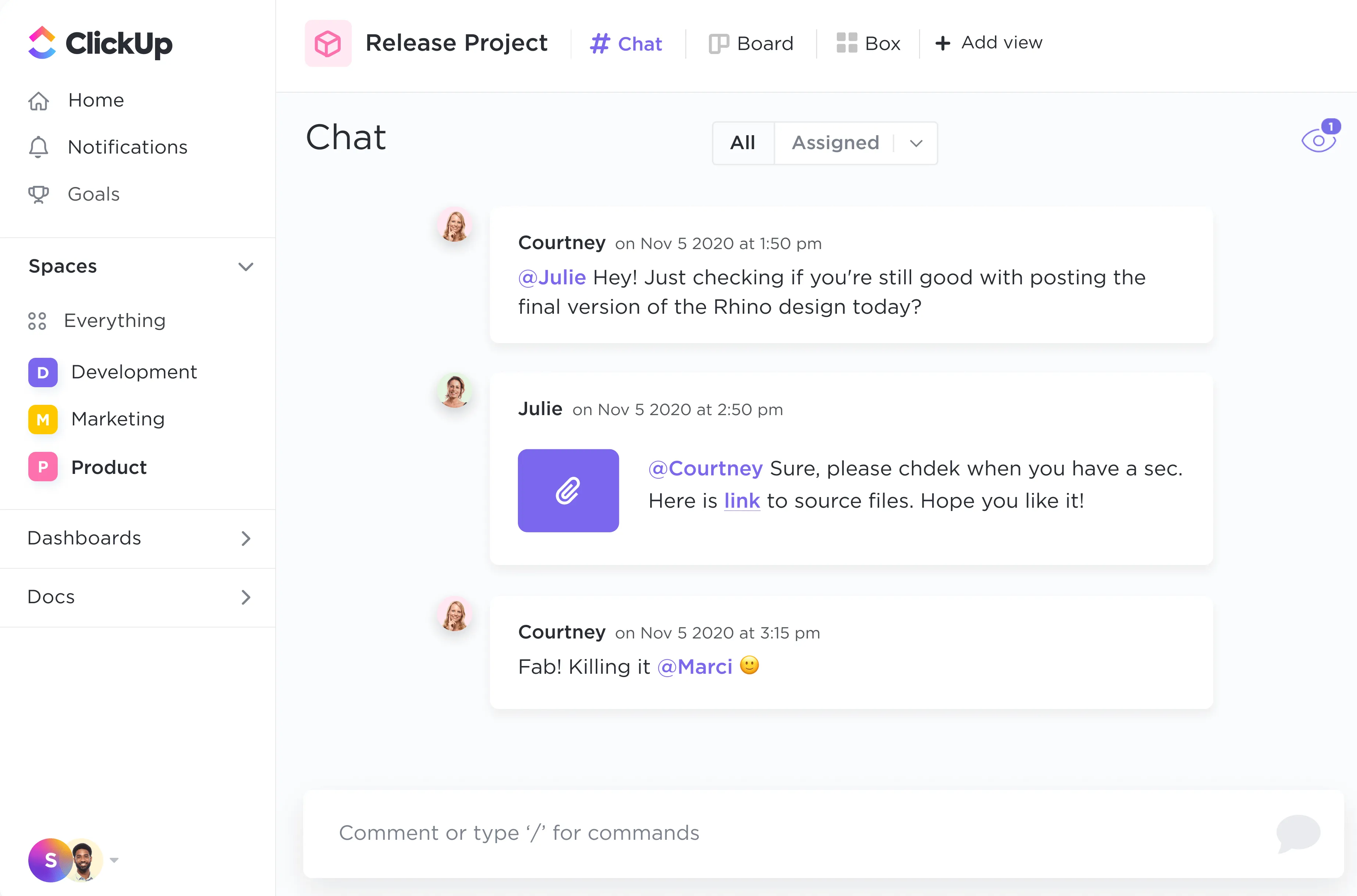 La vista de chat almacena todos tus comentarios en ClickUp.