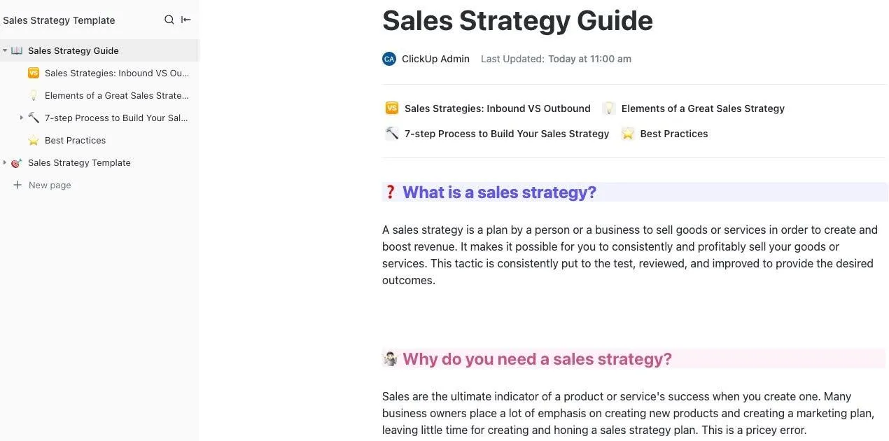 Modèle de guide stratégique de vente ClickUp : documentez vos tactiques de vente et vos objectifs dans un guide clair et accessible.