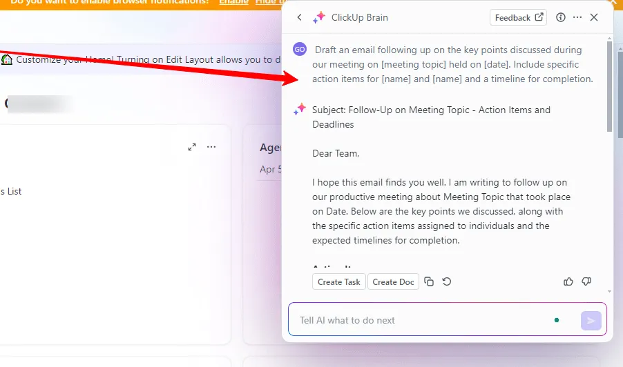 La rédaction d'un e-mail de suivi de réunion est facilitée grâce à ClickUp Brain.