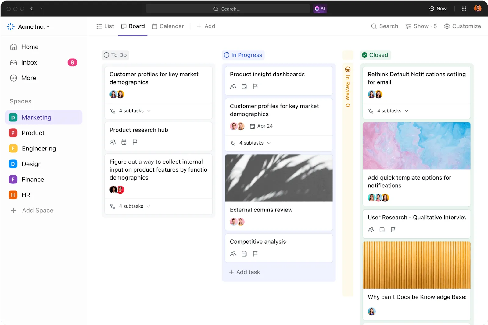 Visualice el progreso de los proyectos para mejorar la colaboración con la vista Tablero de ClickUp: cultura de la adhocracia.